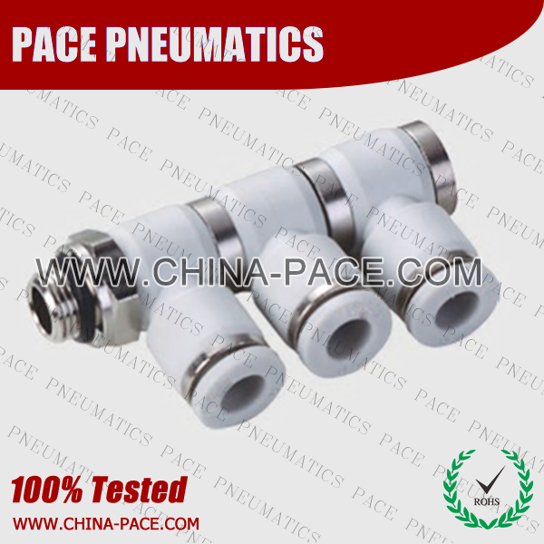 Grey White Push In Fittings Triple Universal Banjo Elbow with G thread, Composite Push To Connect Fittings, Polymer Pneumatic Fittings, Air Fittings, one touch tube fittings, Pneumatic Fitting, Nickel Plated Brass Push in Fittings, pneumatic accessories.